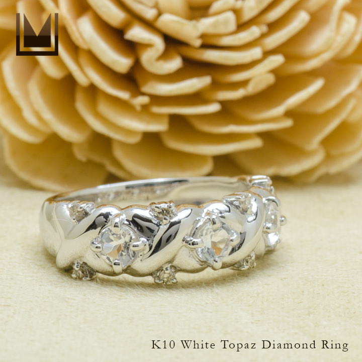 K10 ホワイトトパーズ ダイヤモンド フラワーモチーフ リング[商品番号